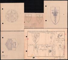 Jelzés nélkül: Kalocsai érseki kisszeminárium címer és jelvény tervezetek 5 lapon 7 db ceruza rajz 11x14 cm