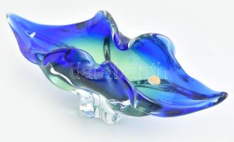 Nagyméretű Chribska cseh művészi üveg tál / asztaldísz. Terv: Josef Hospodka, Sommerso blue/green // királykék/zöld, kézzel készített üveg. Jelzett: Bohémia, hibátlan, 31,5x12x11 cm