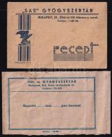 2 db receptboríték az 1940-es évekből: Sas gyógyszertár, 1301sz. gyógyszertár