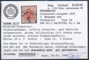 3kr HP Ia élénk vörös színű bélyeg "AGRAM" Certificate: Babor 3kr HP Ia bright red stamp &...