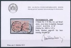 3kr HP IIIa red pair on cutting "NAGY-KANISA" Certificate: Ferchenbauer 3kr HP IIIa piros ...