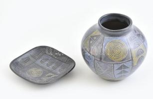 Retró kerámia váza és tálka, jelzett, minimális mázlepattanás, kis kopásokkal, m: 12 cm, 11x11 cm