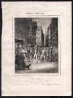 Eugene Levasseur (?-?): 1830. július. 27. (francia júliusi forradalom). Litográfia, papír, jelzett a litográfián. Feltekerve, lap széle sérült, részben javított. Foltos. 23x18 cm