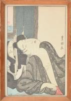 Utagawa Toyokuni: Alvó szépség. Fametszet, selyem. Üvegezett fakeretben, jelzett a nyomaton. Az itt látható darab az eredetinek a reprodukciója. Japán, 1970 körül. 24x18 cm