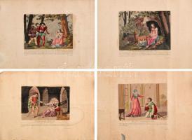 Johann Schönberg (?-?): 4 db Genoveva legendájával kapcsolatos metszet, XIX. sz első fele. Akvarellel színezett rézmetszet, papír, jelzett a metszeten. Feltekerve, sérült, foltos. 17x24 cm körüli méretekben