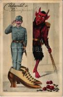 Üdvözlet a Krampusstól! Osztrák-magyar katona és Krampusz / Krampus with K.u.K. soldier. H.H.i.W. Nr. 1552. (fl)