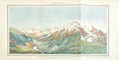1936 Die Montblancgruppe / A Mont Blanc hegycsoport, színes nyomat, hajtott, jó állapotban, 51x27 cm