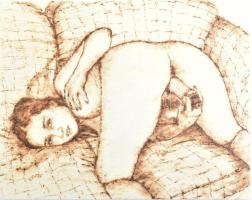 Jelzés nélkül: Szieszta a pamlagon (erotikus jelenet). Pirográfia, rétegelt falemez, 20x25 cm
