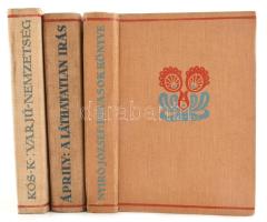 Erdélyi Szépmíves Céh 2 kiadványa: Áprily Lajos: A láthatatlan írás, Kós Károly: Varjú-nemzetség. Kolozsvár, én., Erdélyi Szépmíves Céh. + Nyírő József: Havasok könyve. Bp., én., Révai. Kiadói egészvászon-kötések.