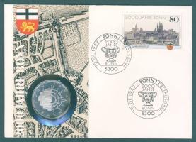 NSZK 1989. 10M Ag "2000 éves Bonn" bélyeges érmés borítékon, elsőnapi bélyegzővel, hátoldali ismertető tanúsítvánnyal T:BU