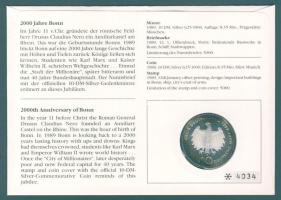 NSZK 1989. 10M Ag "2000 éves Bonn" bélyeges érmés borítékon, elsőnapi bélyegzővel, hátolda...