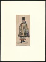 cca 1900 Szász és román parasztasszony, színezett metszet, paszpartuban 6x12 cm, 5x10 cm / Saxon and Romanian peasant in folkwear, 2 colored engravings