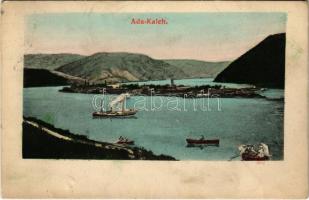 1909 Ada Kaleh, Török sziget Orsova alatt, gőzhajó, csónakázók / Turkish island, steamship, rowing boats (fl)