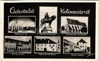 1944 Kolozsvár, Cluj; Mátyás király tér és szobor, Farkas utcai református templom, Bánffy palota, Mátyás király szülőháza, Bethlen bástya / square, statue, monument, Calvinist church, palace, bastion tower (vágott / cut)