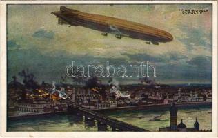 Luftschiff Schütte-Lanz Warschau bombardierend. Deutscher Luftflotten-Verein / WWI German military art postcard, airship bombing Warsaw s: Hans Rudolf Schulze (kis szakadás / small tear)
