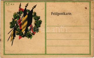 B.Z. Schl. No. 2. Feldpostkarte / WWI German and Austro-Hungarian K.u.K. military field postcard, Viribus Unitis, patriotic propaganda with flags (szakadás / tear)