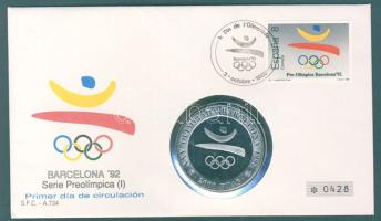 Spanyolország 1990. 2000P Ag "Olimpia - Barcelona" bélyeges érmés borítékon, alkalmi bélyegzővel T:PP