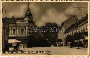 1939 Déva, Str. principala si cetatea / Fő utca, vár, Hotel Orient szálloda, Ludovic Daniel üzlete / main street, castle, hotel, shops (fa)