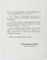 1849 gr. Apponyi Károly hadi parancsnok Kossuth bankók bevonásáról szóló hirdetménye 23x29 cm