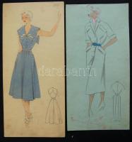 cca 1940-1952 2 db modellrajz, egyik szignált / 2 fashion design 11x28 cm