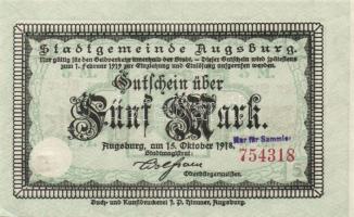 Német Birodalom/Császárság/Augsburg 1918.10.15. 5M, 10M hivatalos érvénytelenítéssel T:I,I-