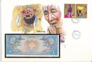 Bhutan 1N DN (1981-1985). felbélyegzett borítékban, bélyegzéssel T:I Bhutan ND (1981-1985). 1 Ngultrum in envelope with stamp and cancellation C:UNC