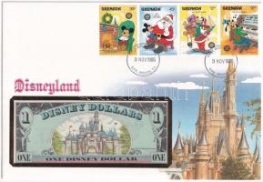 Amerikai Egyesült Államok 1990. 1DD bankjegyes borítékban, grenadai bélyegekkel és elsőnapi bélyegzéses T:1 USA 1990. 1 Disney Dollar in banknote envelope with stamps from Grenada, with first day of issue stamp C:UNC