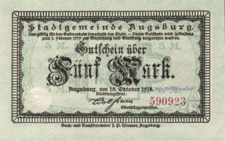 Német Birodalom/Császárság/Augsburg 1918.10.15. 5M, 10M hivatalos érvénytelenítéssel T:I,I-