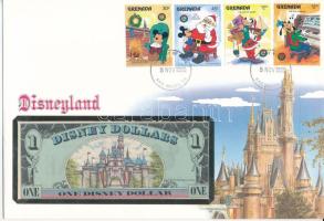 Amerikai Egyesült Államok 1990. 1DD bankjegyes borítékban, grenadai bélyegekkel és elsőnapi bélyegzéses T:UNC USA 1990. 1 Disney Dollar in banknote envelope with stamps from Grenada, with first day of issue stamp C:UNC