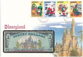 Amerikai Egyesült Államok 1990. 1DD bankjegyes borítékban, grenadai bélyegekkel és elsőnapi bélyegzéses T:1 USA 1990. 1 Disney Dollar in banknote envelope with stamps from Grenada, with first day of issue stamp C:UNC