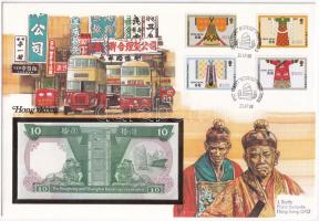 Hongkong 1986. 10D borítékban, alkalmi bélyeggel és bélyegzésekkel T:I Hong Kong 1986. 10 Dollars in envelope with stamps C:UNC
