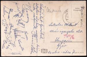 cca 1950 Vasas labdarúgó csapat tagjainak aláírásai (Palotai, Kárpáti, Hegedűs, Nagy, Józsa, stb ) gerai mérkőzésről küldött képeslapon / Autograph signed postcard of Hungarian football players