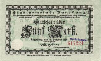 Német Birodalom/Császárság/Augsburg 1918.10.15. 5M, 10M hivatalos érvénytelenítéssel T:I,I-