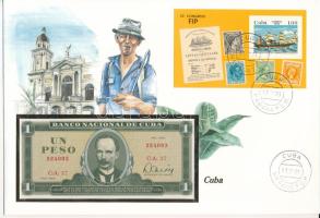 Kuba "José Martí" bankjegyes felbélyegzett boríték bélyegzéssel, benne 1992. 1P + 1988. 1P T:1,I- Cuba "José Martí" coin and banknote envelope with stamp and cancellation, in it 1992. 1 Peso + 1988. 1 Peso C:UNC,AU