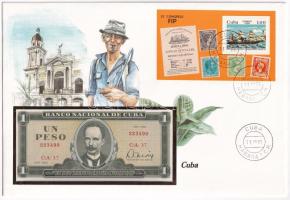 Kuba José Martí bankjegyes felbélyegzett boríték bélyegzéssel, benne 1982. 1P T:I Cuba José Martí coin and banknote envelope with stamp and cancellation, in it 1982. 1 Peso C:UNC