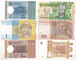 6db-os klf vegyes bankjegy tétel, közte Türkmenisztán, Tádzsikisztán, Ukrajna, Moldova T:I,I- 6pcs of mixed banknote, in it Turkmenistan, Tajikistan, Ukraine, Moldova C:UNC,AU