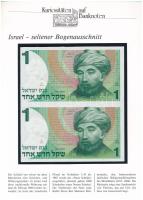 Izrael 1986. 1Sh (2x) összefüggésben, német nyelvű "Kuriositäten auf Banknoten" tájékoztatólappal T:I  Israel 1986. 1 Sheqel (2x) uncut, with "Kuriositäten auf Banknoten" german language information sheet C:UNC