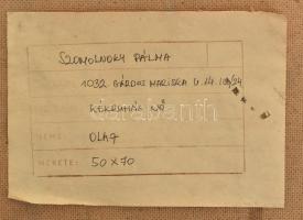 Szomolnoky Pálma (?-): Kékruhás nő. Olaj, farost. Jelzés nélkül, hátoldalán címkén feliratozott. Fak...