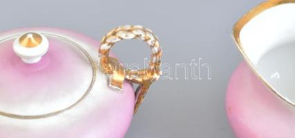 Antik, pink, cseh teás szett, 5 személyes, 13 részes, porcelán, kopott, jelzés nélkül
