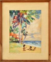 Olvashatatlan jelzéssel: Gyerekek a vízparton. Akvarell, papír. Üvegezett fakeretben. 40x29,5 cm.