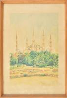 Olvashatatlan jelzéssel: Ahmed szultán mecsetje, Isztambul. Akvarell, papír. Üvegezett fakeretben. 46x30 cm.