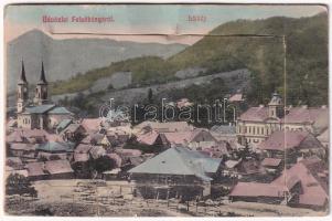 1917 Felsőbánya, Baia Sprie; Látkép, leporello belül címer, vasútállomás és bánya. Dacsek Péter kiadása / leporellocard with coat of arms, railway station and mine (szakadások / tears)