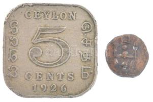 India / Travancore 1885-1895. 1C Cu VI. Rama Varma (0,7g) + Ceylon 1926. 5c Cu-Ni T:2- India / Travancore 1885-1895. 1 Cash Cu Rama Varma VI (0,7g) + Ceylon 1926. 5 Cent Cu-Ni C:VF