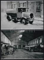 cca 1928 A Fővárosi Köztisztasági Hivatal locsoló autója és munkagép garázsa, 2 db modern nagyítás a néhai Lapkiadó Vállalat fotófotólaborjának archívumából, 10x15 cm