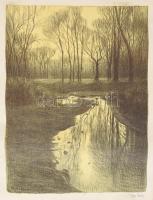 Olgyai Viktor (1870-1929): Téli táj. Litográfia, papír, jelzett. Feltekerve, sérült. 57×43 cm