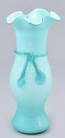 Murano türkiz-tejüveg kétrétegű fodros váza, hibátlan, m: 20cm