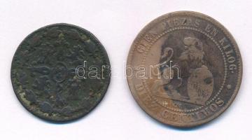 Spanyolország 1808. 4M Cu "IV. Károly" + 1870. 10c bronz T:2-,3 patina
Spain 1808. 4 Mara...