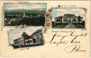 1905 Belényes, Beius; látkép, Görögkeleti fiúinternátus, Erzsébet tér, üzlet. Süssmann L. kiadása / general view, boys' boarding school, square, shop. Art Nouveau, floral