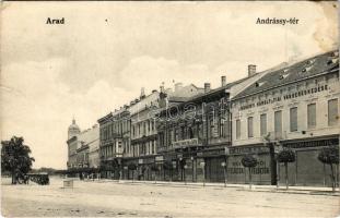 Arad, Andrássy tér, Andrényi Károly és Fiai üzlete, Stern M. A., Rosmanith A. és Fia, Schwarz Simon Fiai és Társa, May János üzlete, Leánykiházasító Egylet leány és fiú biztosító intézet vezérügynöksége / square, shops, insurance company (fl)