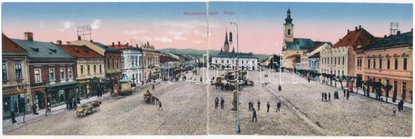 Máramarossziget, Sighet, Sighetu Marmatiei; Fő tér, gyógyszertár, Guttmann Jakab üzlete, Korona kávéház. 2-részes kinyitható panorámalap / main square, pharmacy, shops, cafe. 2-tiled folding panoramacard (r)